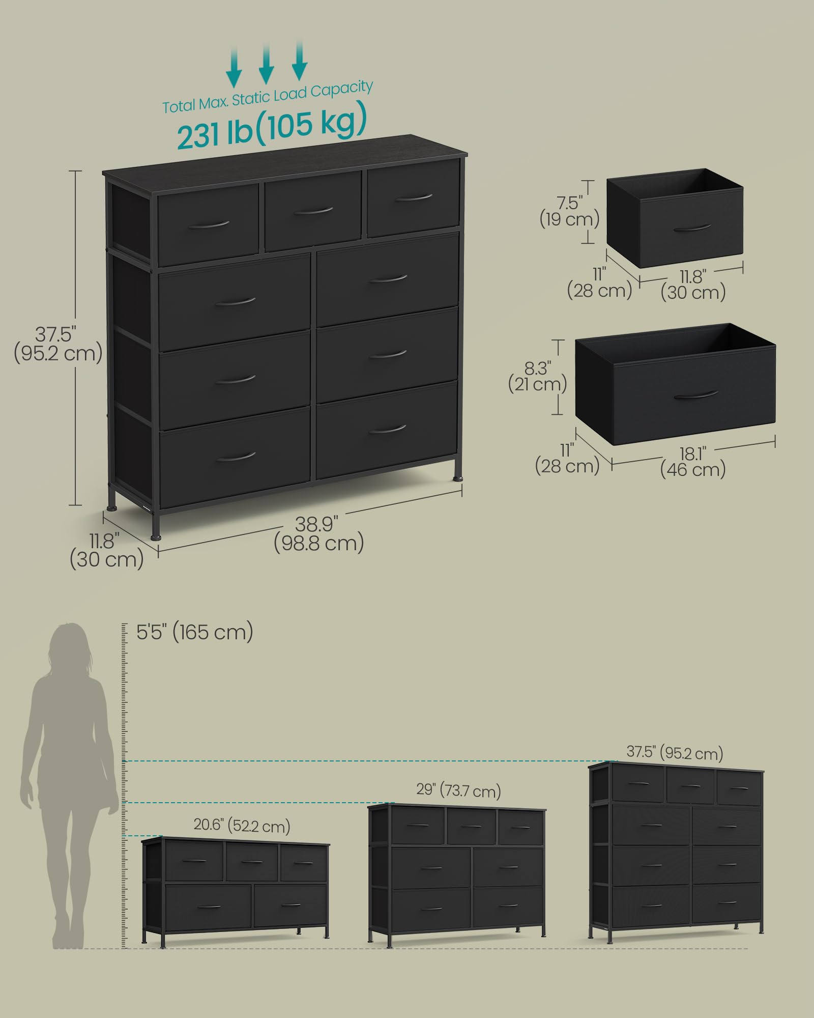 SONGMICS dresser ebony black adjustable feet stabilize on uneven floors.