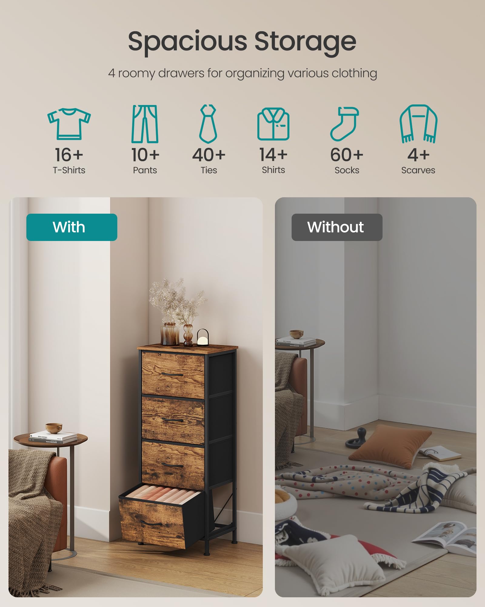 SONGMICS dresser fabric drawers provide versatile organization with MDF support.