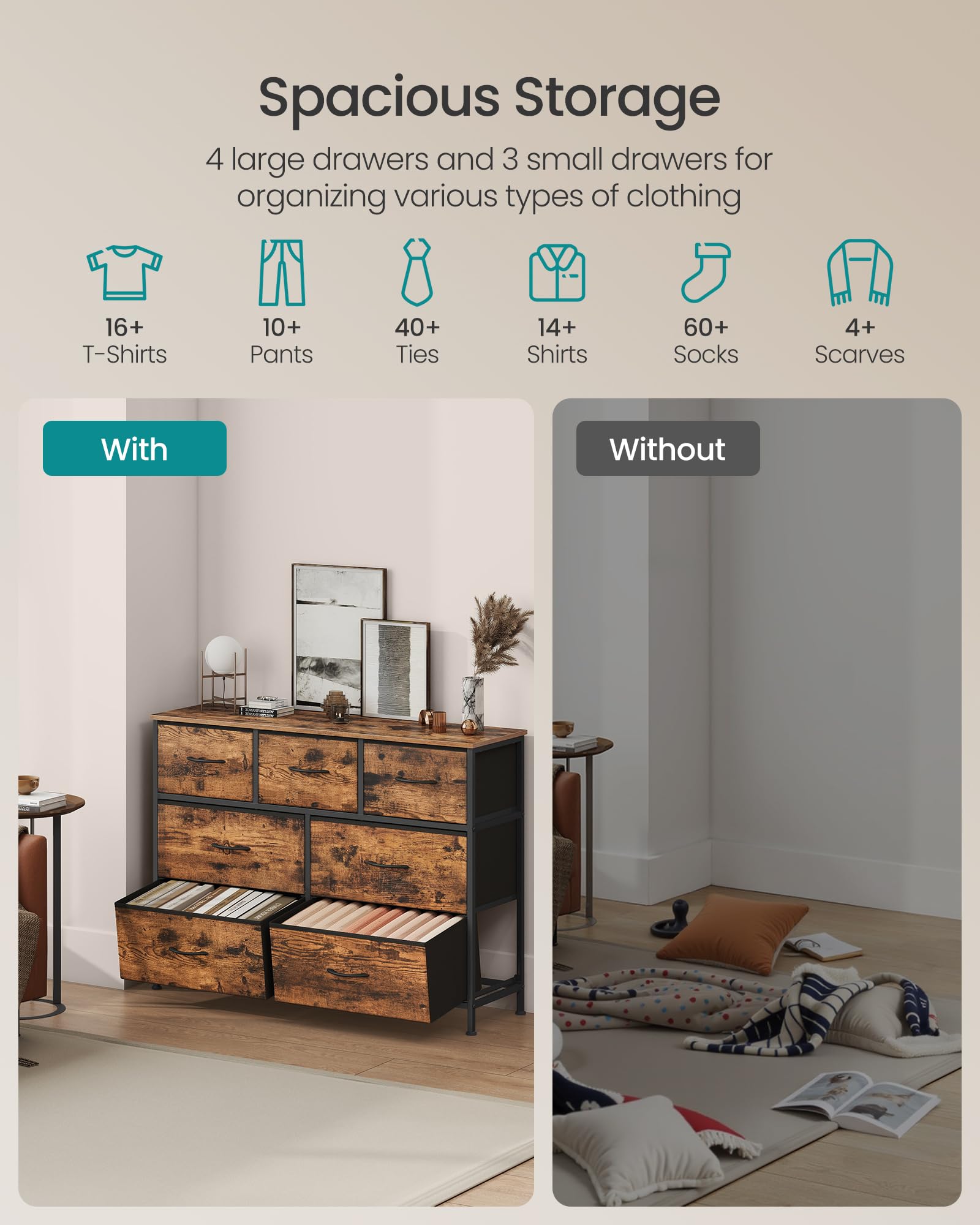 Songmics dresser non-woven drawers help keep wardrobe organized and breathable.