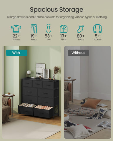 SONGMICS dresser ink black drawer open reveals hidden storage.