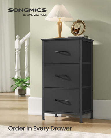 SONGMICS dresser ink-black drawer open shows fabric drawers for tidy storage