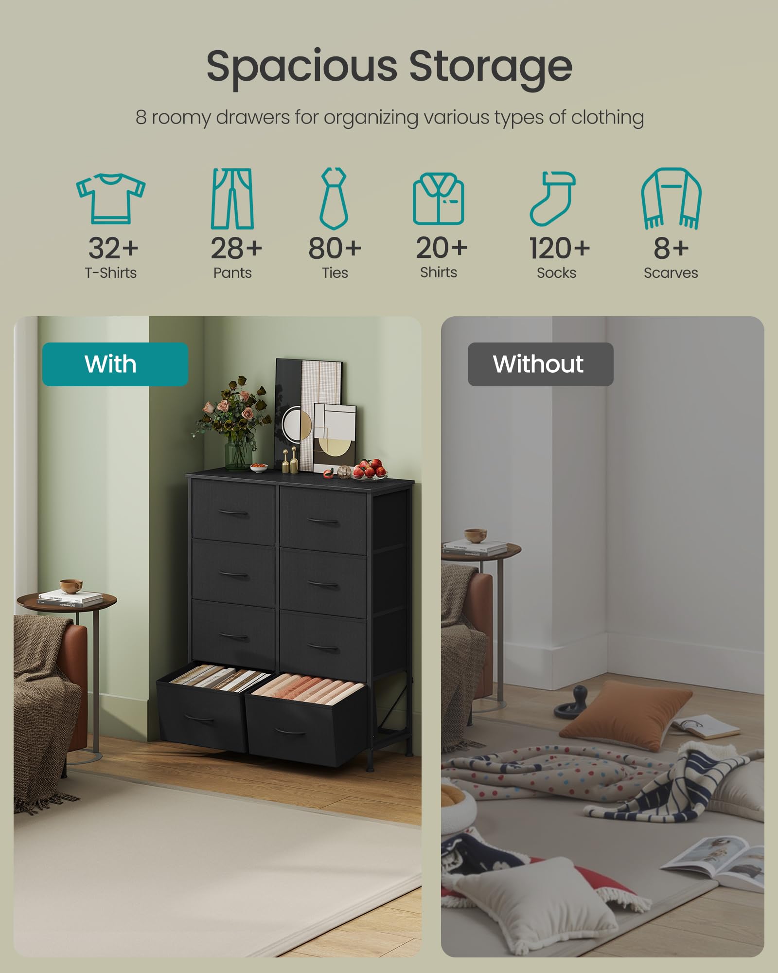 SongMics dresser drawers ink black, eight fabric compartments for tidy hidden storage.