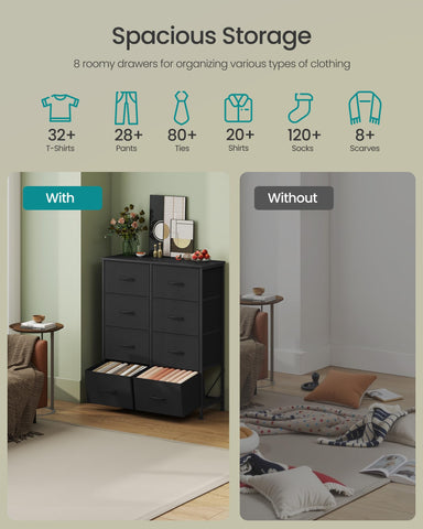 SongMics dresser drawers ink black, eight fabric compartments for tidy hidden storage.