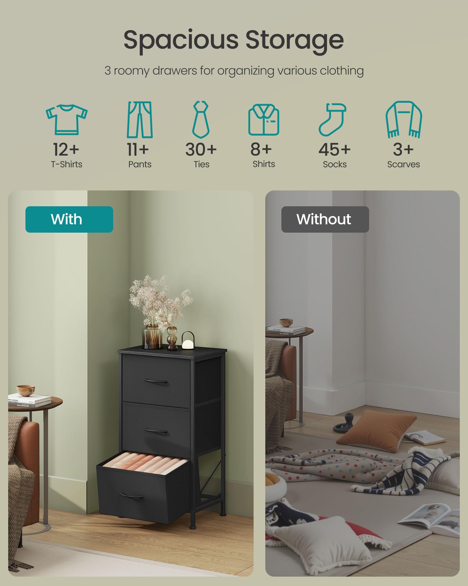 SONGMICS dresser ink-black front view highlights three-drawer configuration