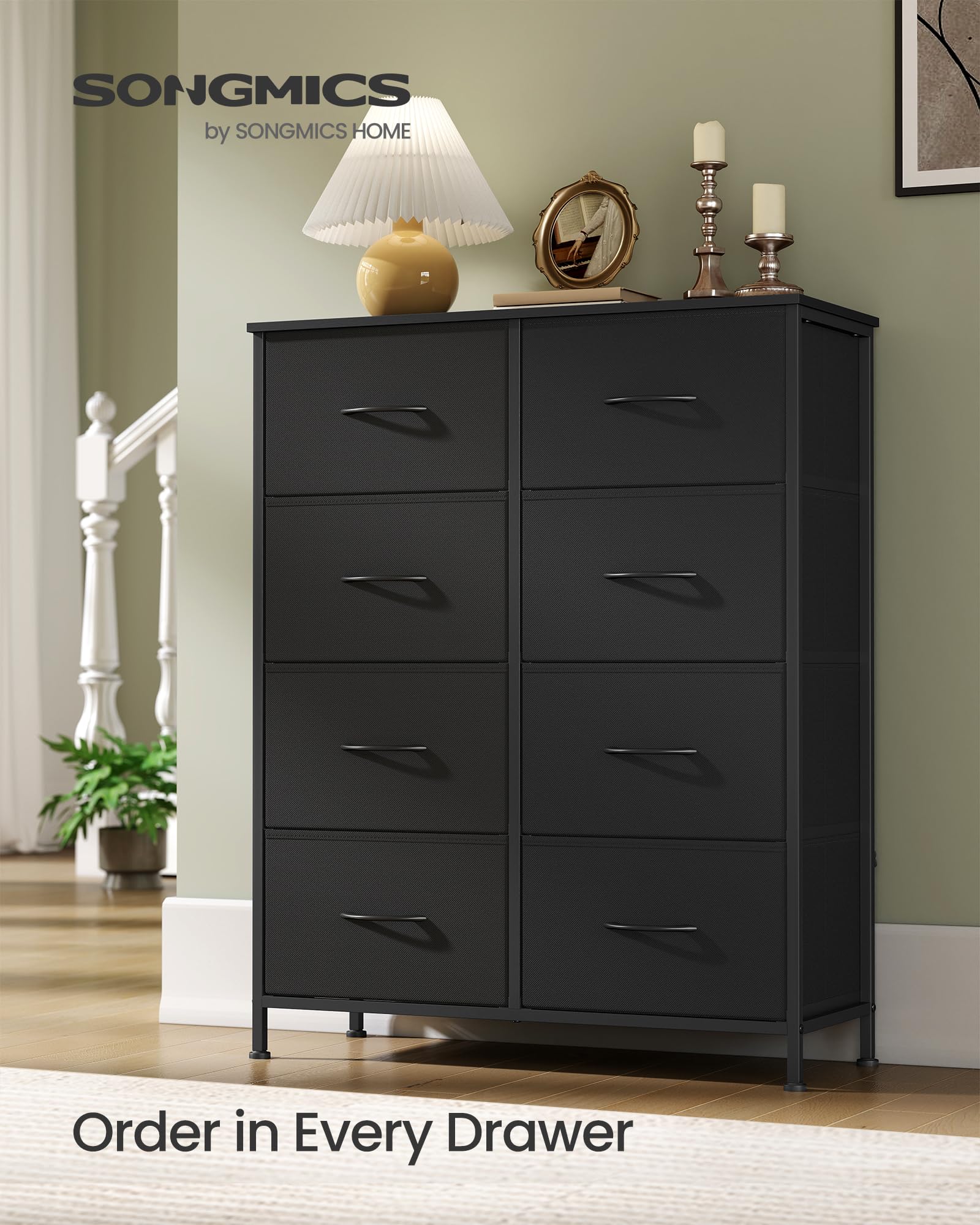 SongMics dresser ink black side view showing sturdy steel frame for reliable storage.