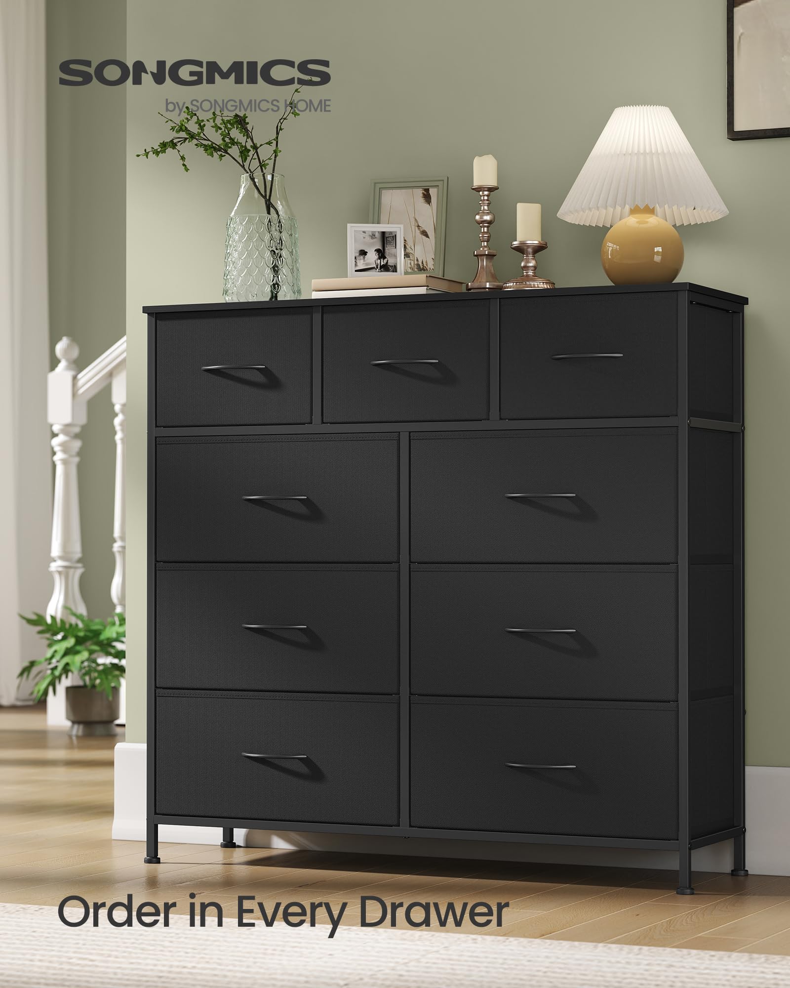 SONGMICS dresser ink black top surface supports lamps and decor.