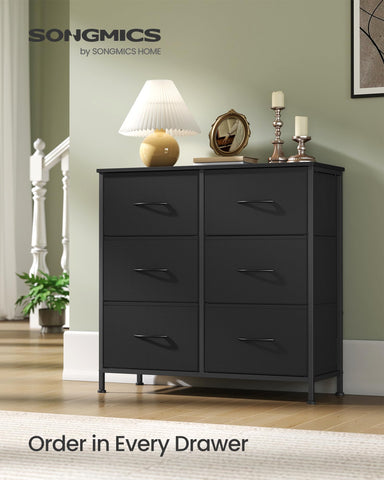SONGMICS dresser ink black top view highlighting spacious surface for lamps.