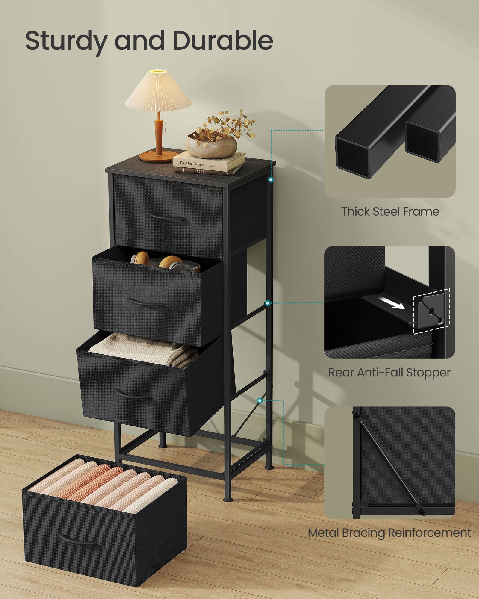 SONGMICS ink black top with lamp illustrates versatile surface for daily use.