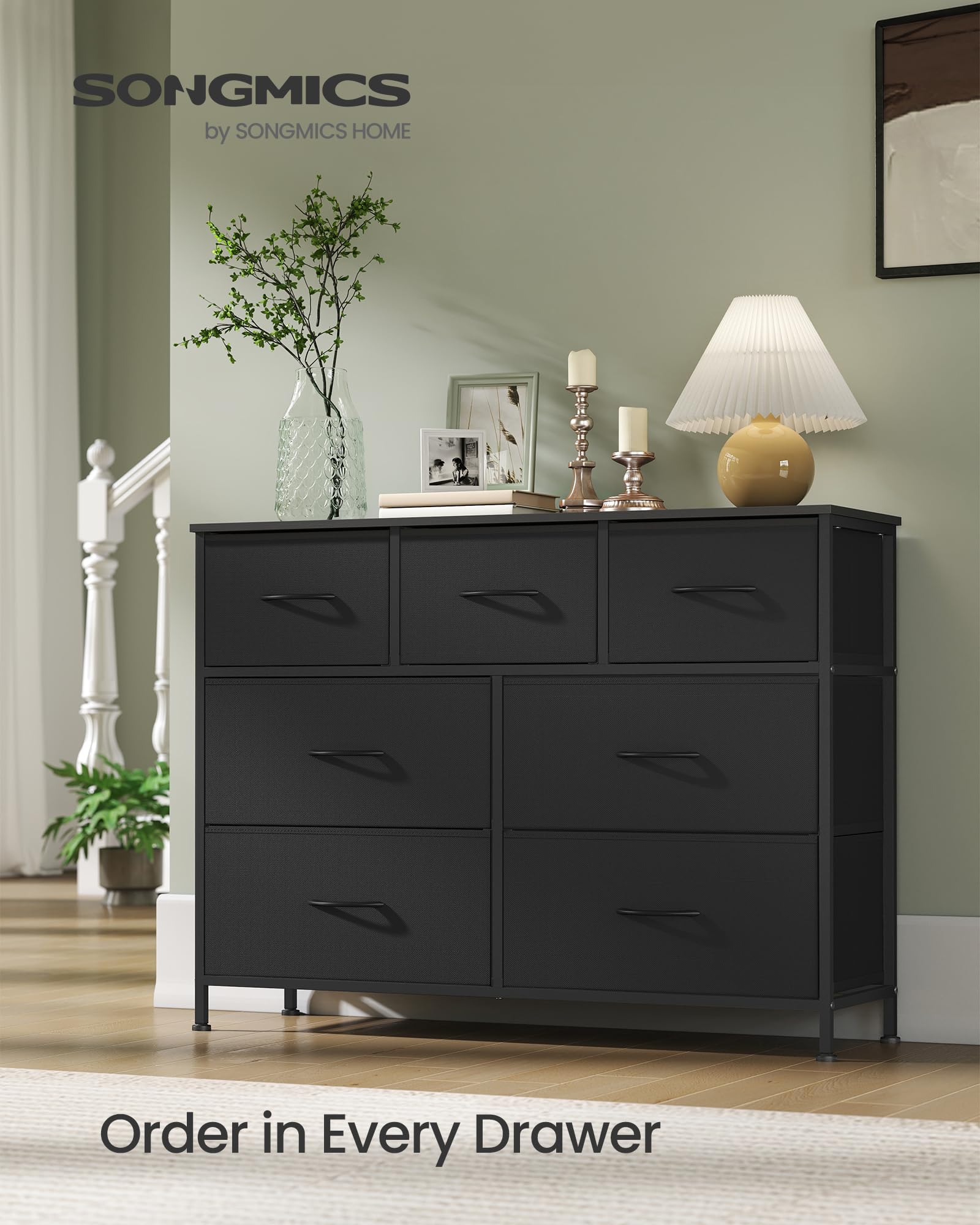 SONGMICS dresser with MDF top provides a stable surface for decor.