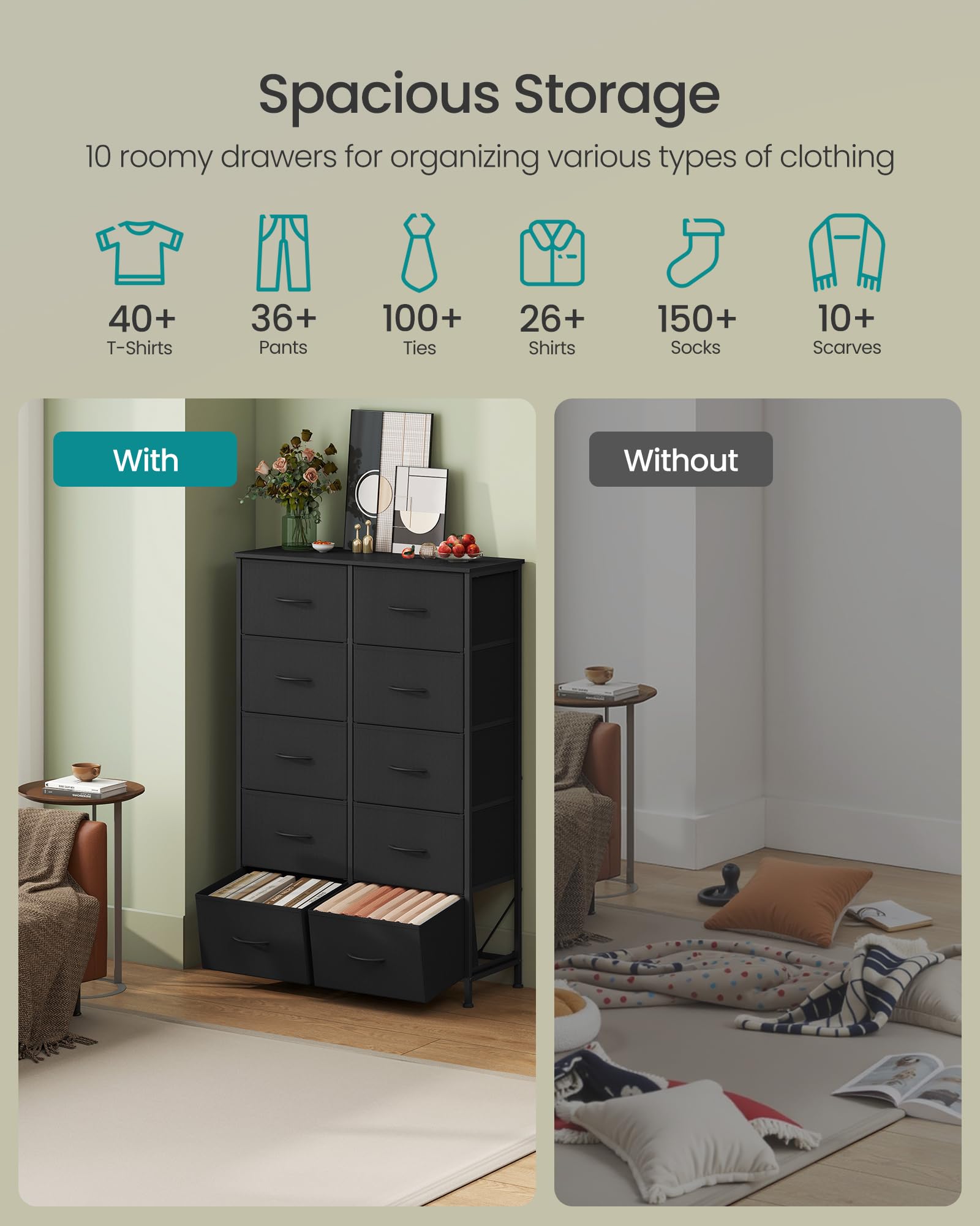 Songmics dresser steel frame provides durable support for busy spaces.