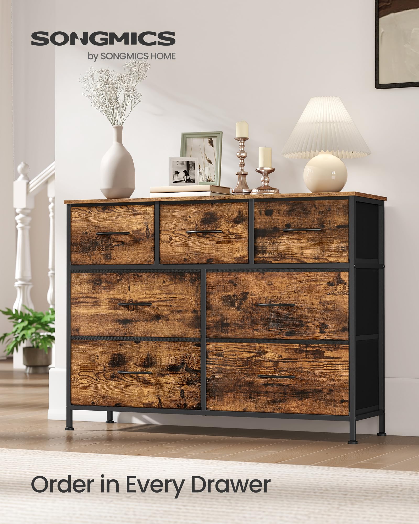 Songmics dresser with MDF top provides a sturdy surface for daily tasks.