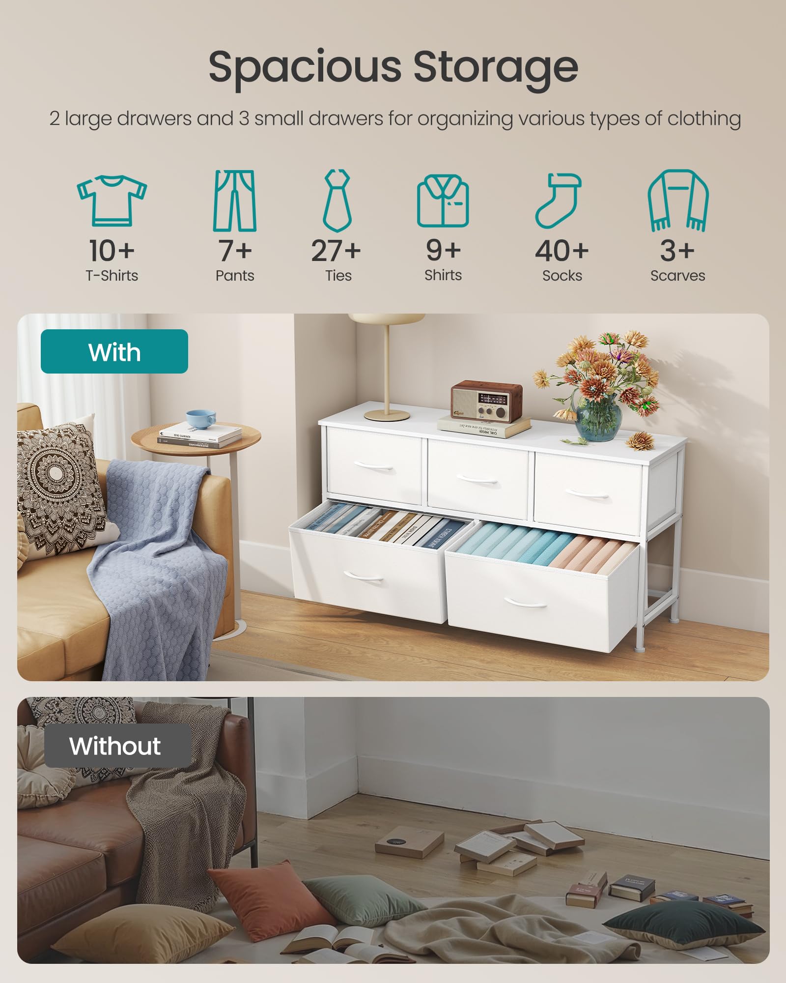 SONGMICS dresser top surface supports up to 88 lb for lamps and decor
