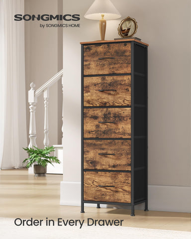 Top surface on SONGMICS dresser styled with lamp and clock for daily use