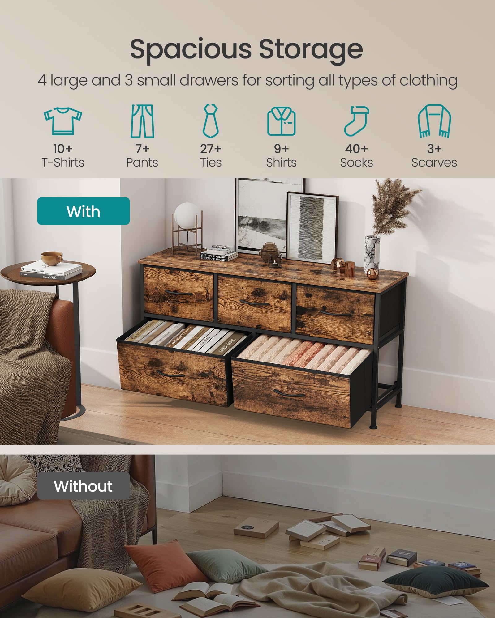 Songmics dresser top surface shown supporting lamp and decor.