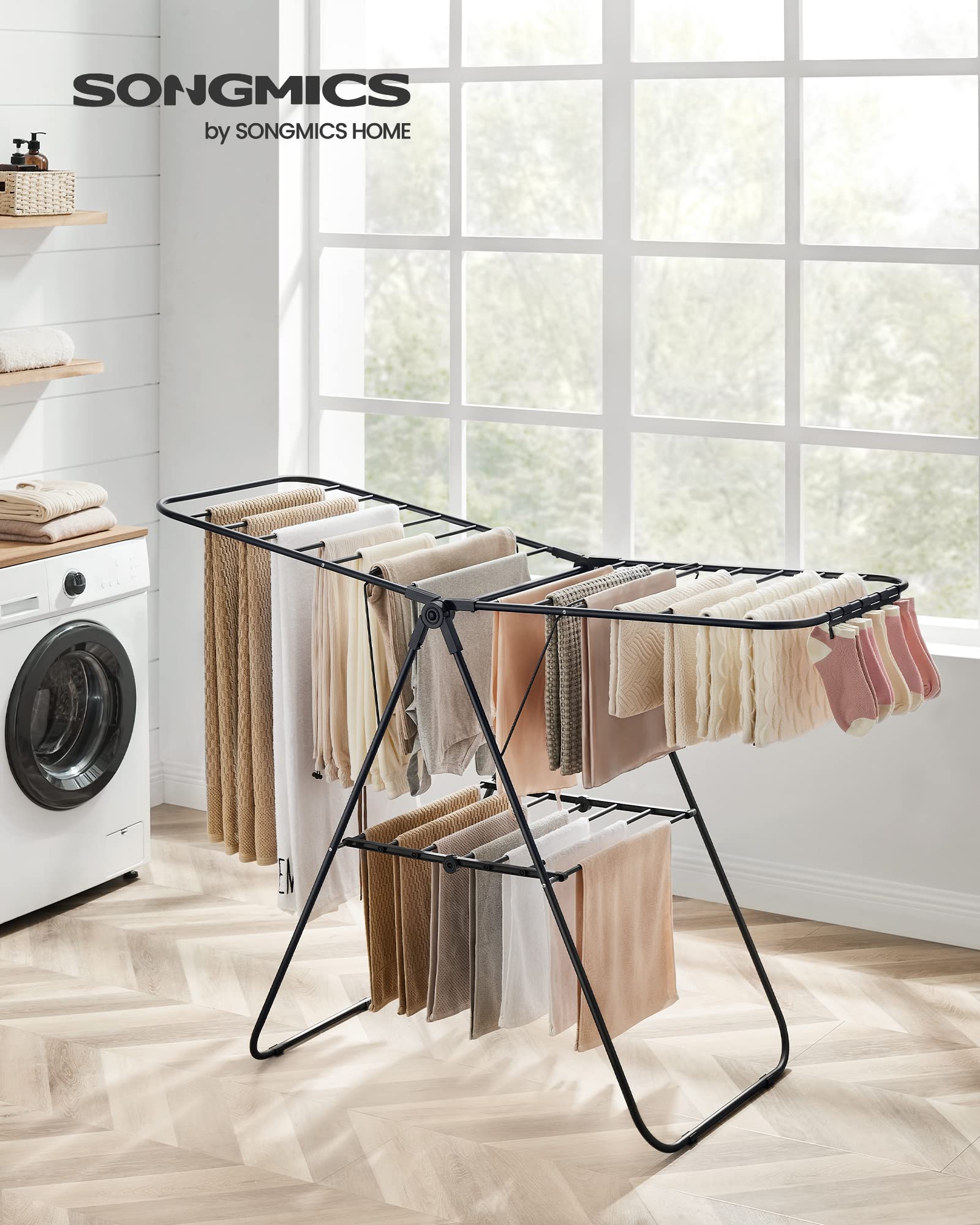 SongMics drying rack with two adjustable wings for versatile garment lengths.