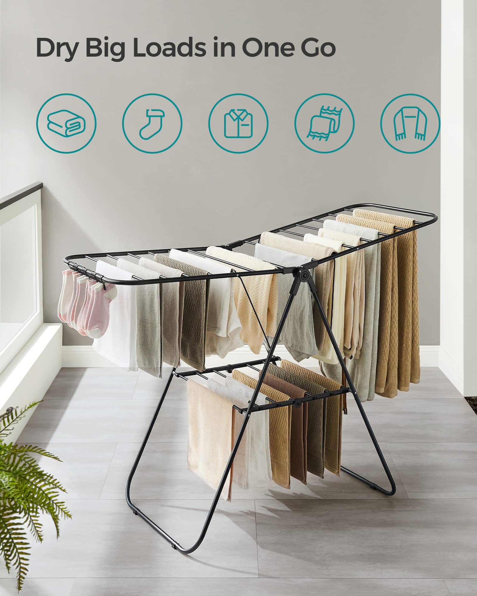 SongMics drying rack shows 24 hanging rods for large laundry loads.