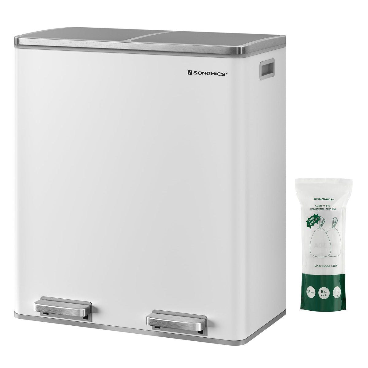 SONGMICS dual-compartment trash can with 8-gallon bins keeps waste organized.
