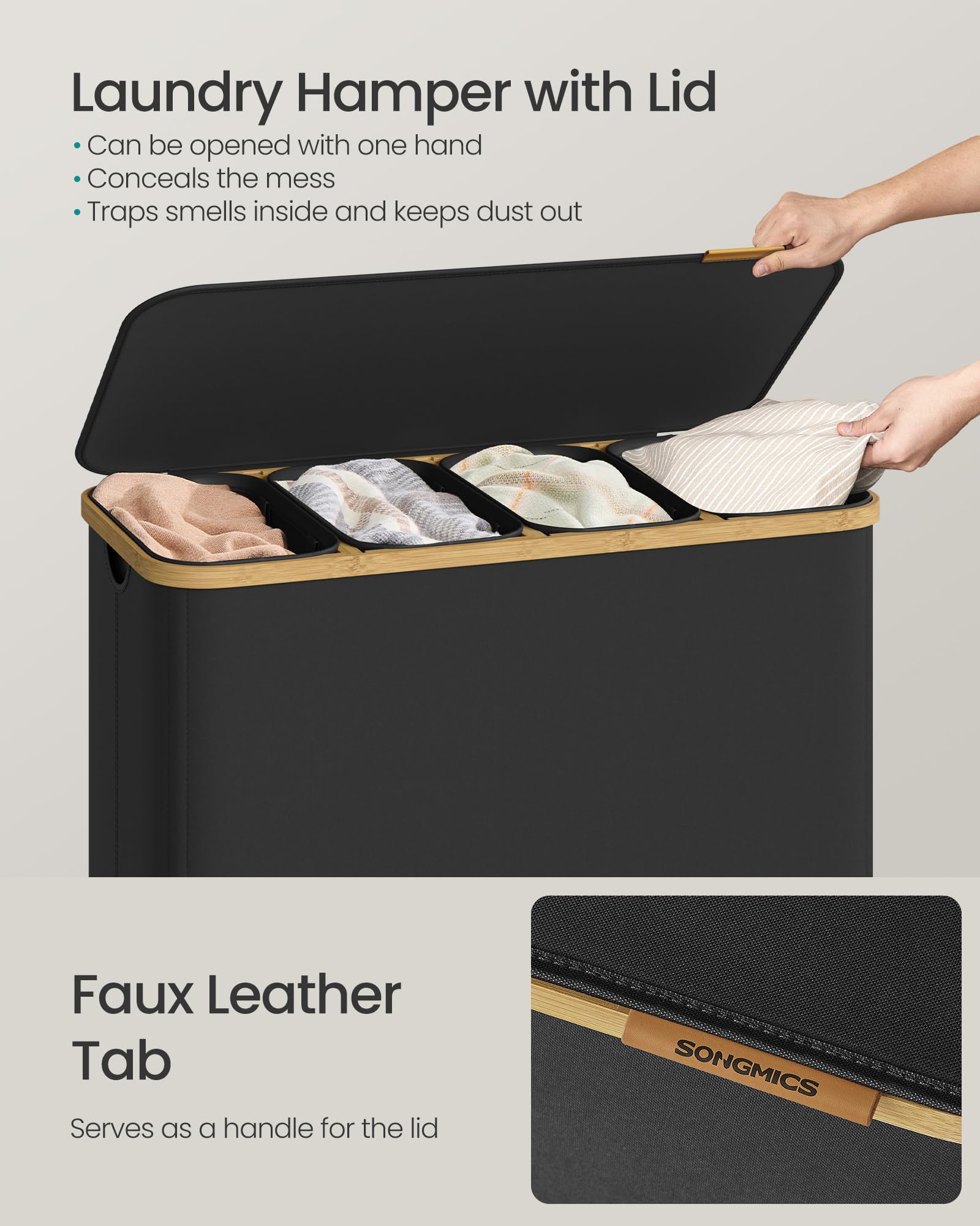 Songmics lid and PU handle keep laundry dust-free and easy to access