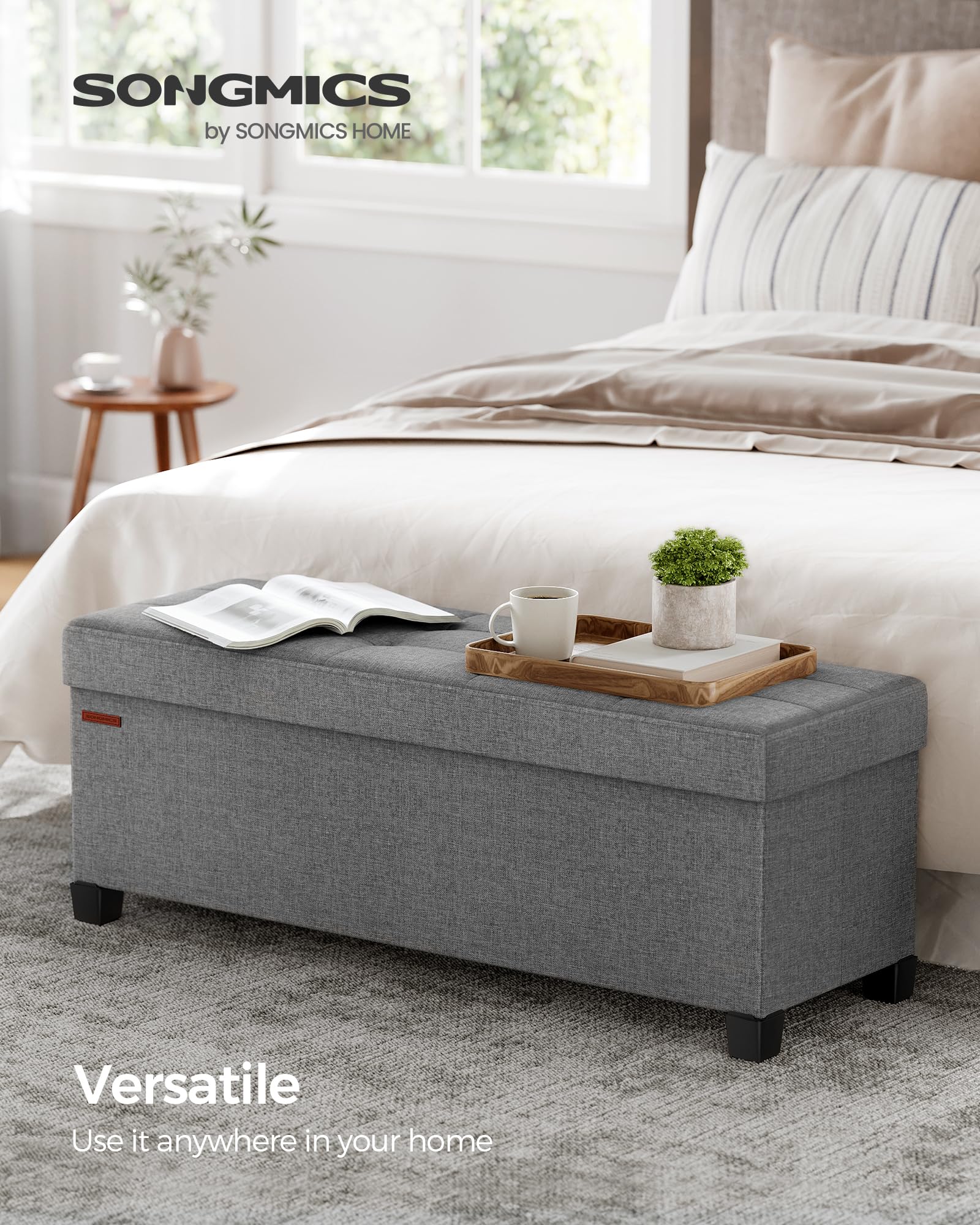 SONGMICS end-of-bed ottoman lid opens to reveal roomy storage