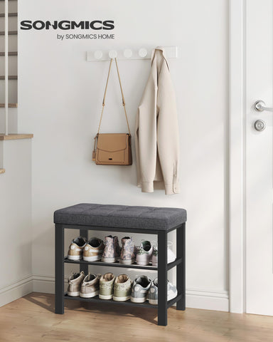 SONGMICS entryway bench with powder-coated steel frame ensures durable daily use.