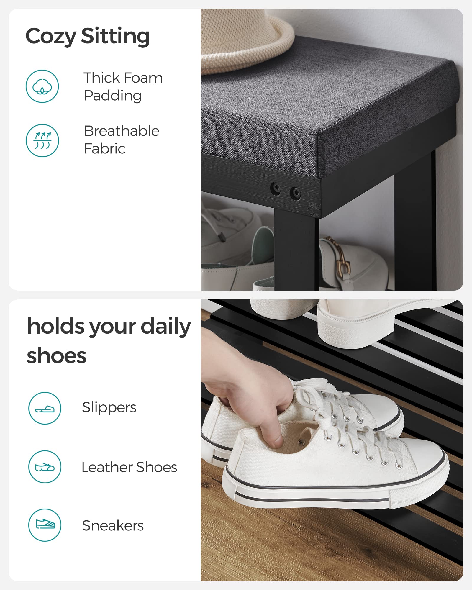 Songmics entryway shoe organization keeps footwear off the floor for a tidy space.