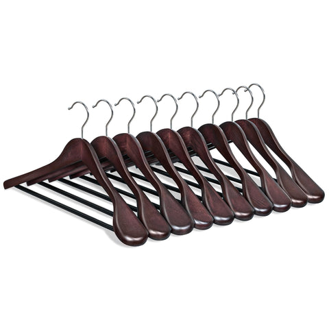 SONGMICS extra-wide wooden hanger with broad shoulders keeps suits pristine.