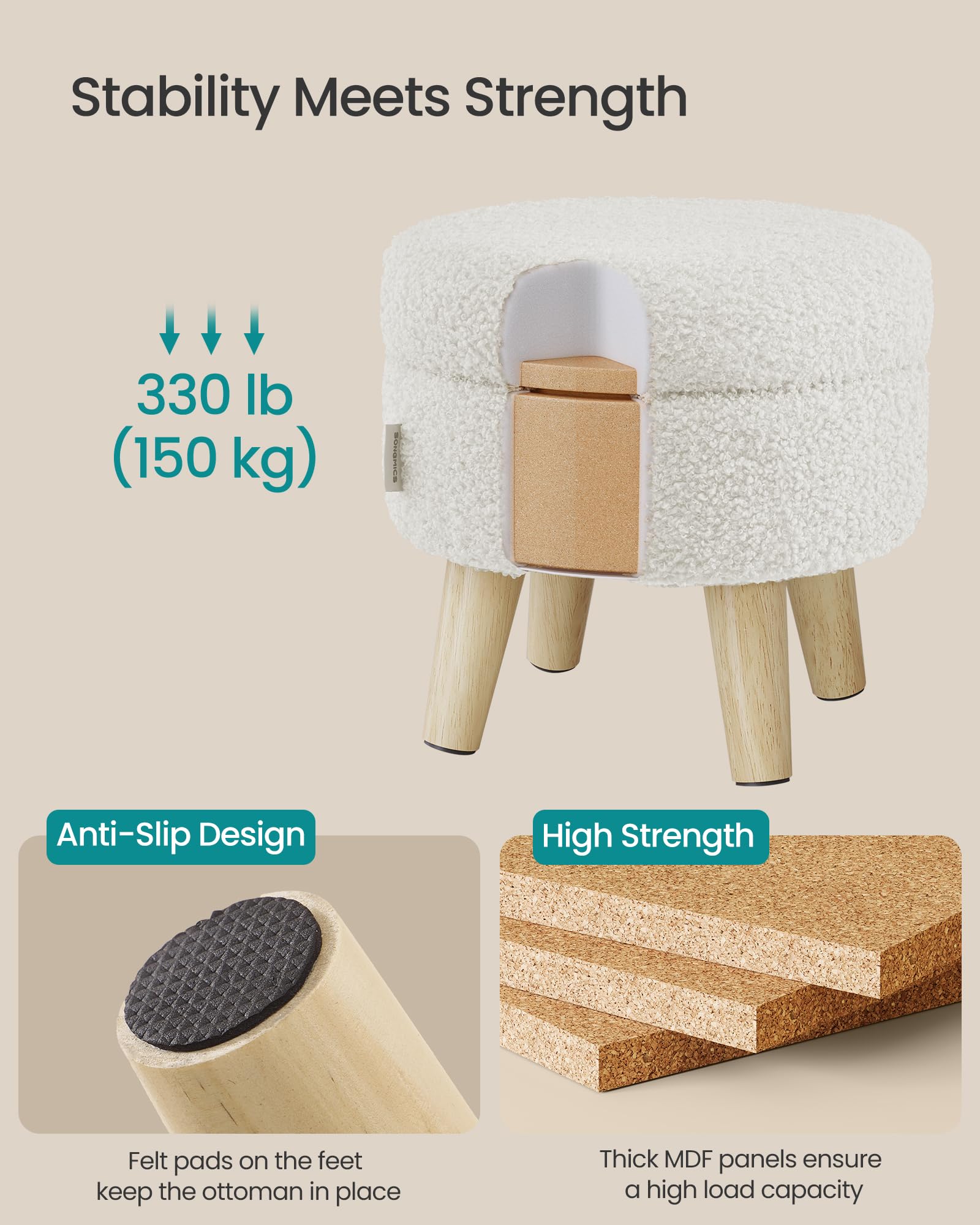 Songmics felt pads protect floors while keeping the ottoman stable.