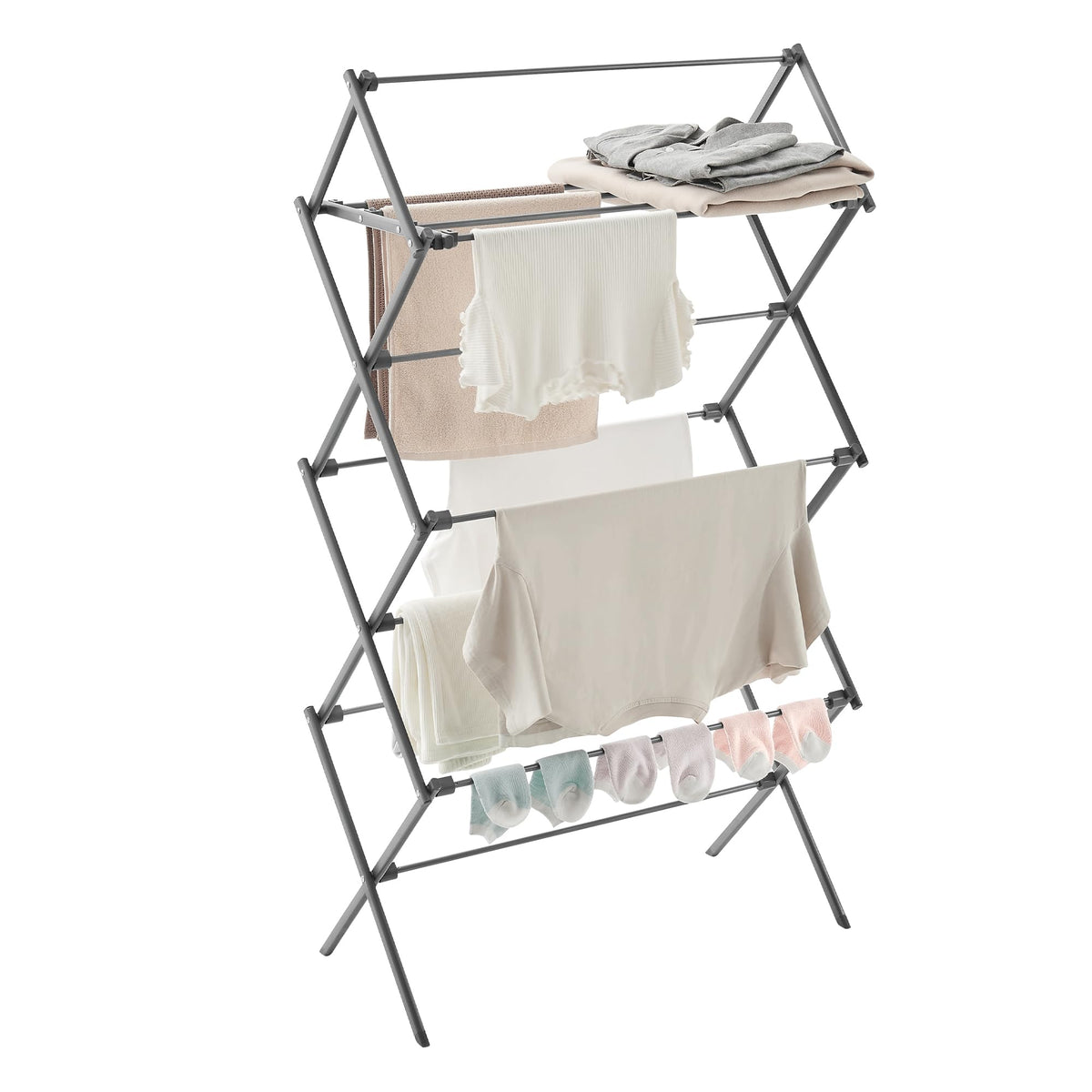 Songmics foldable drying rack assembled for indoor use with a sturdy steel frame.