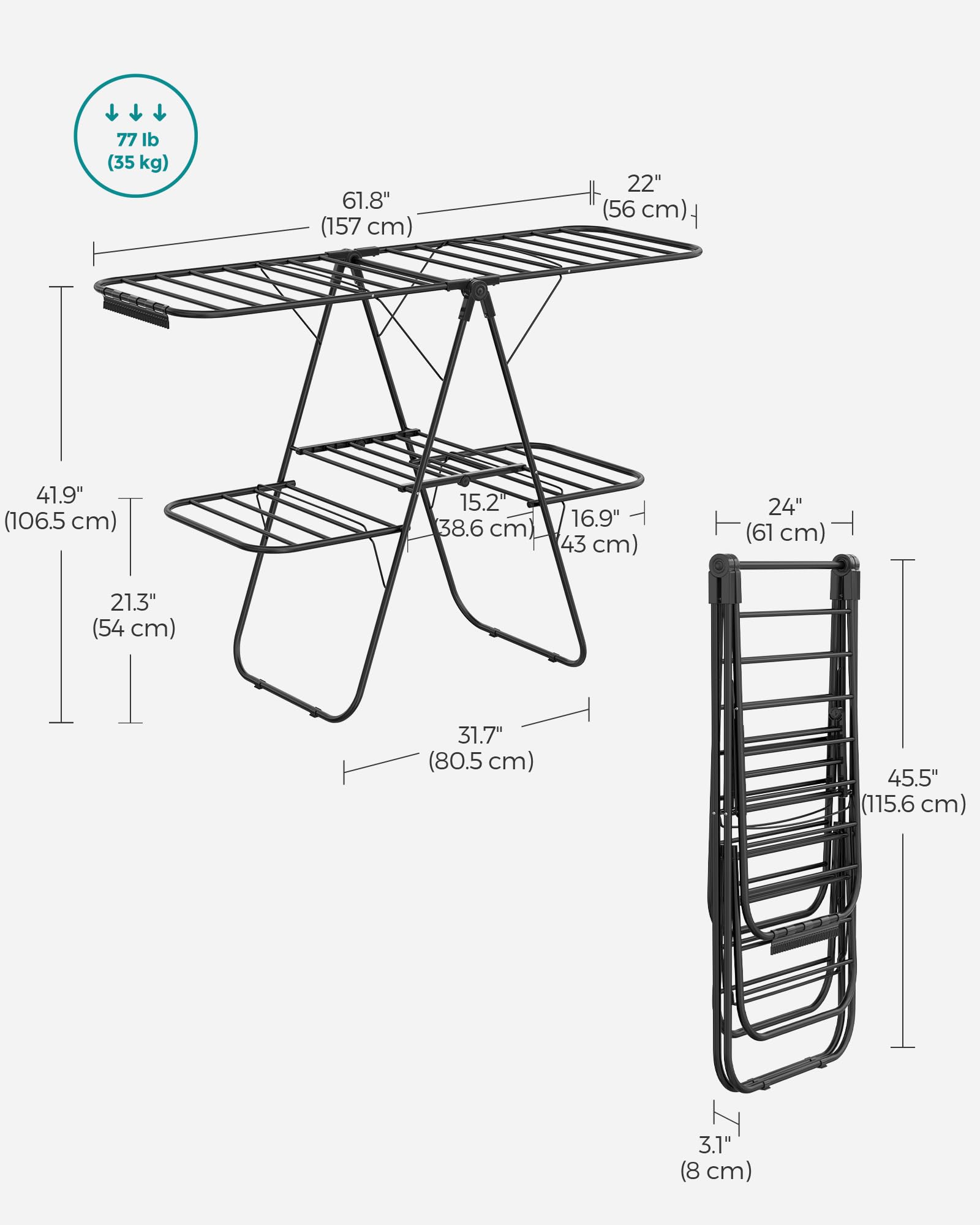Free-standing design fits tight spaces and folds flat for storage.