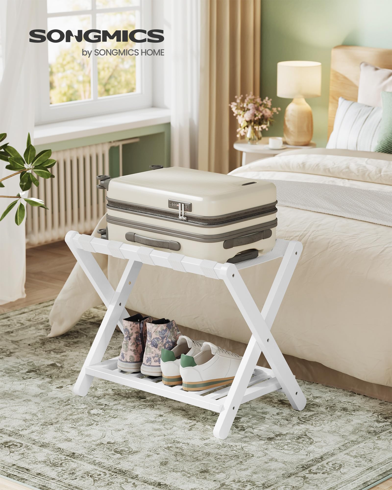 Songmics foldable luggage rack with storage shelf saves space when not in use