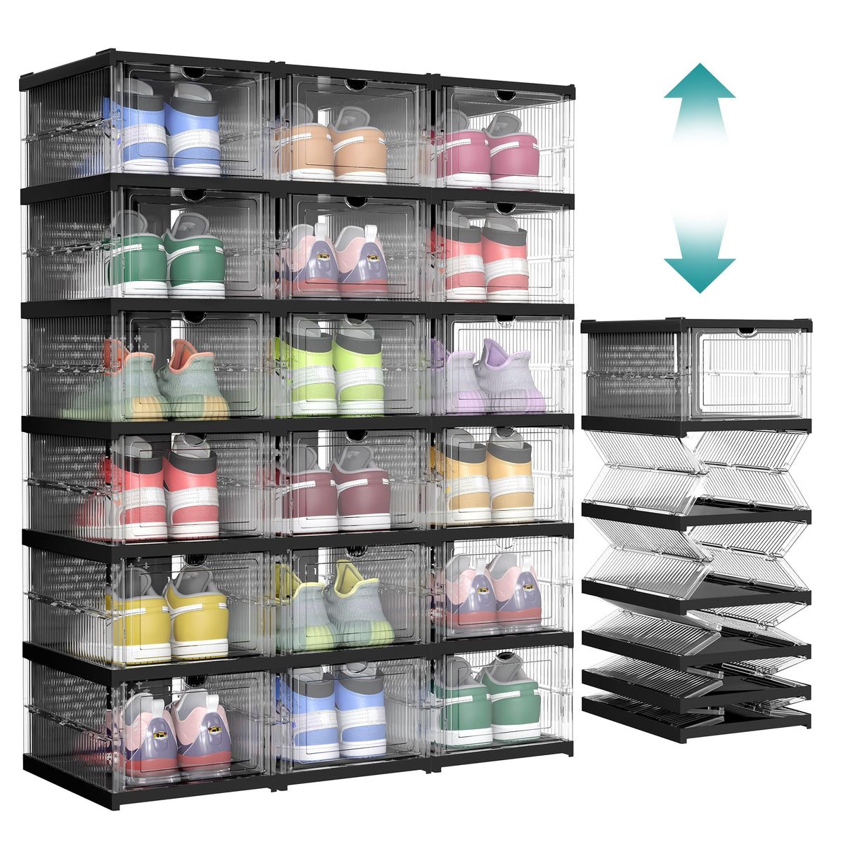 SONGMICS foldable shoe boxes front view for neat entryway and quick access.