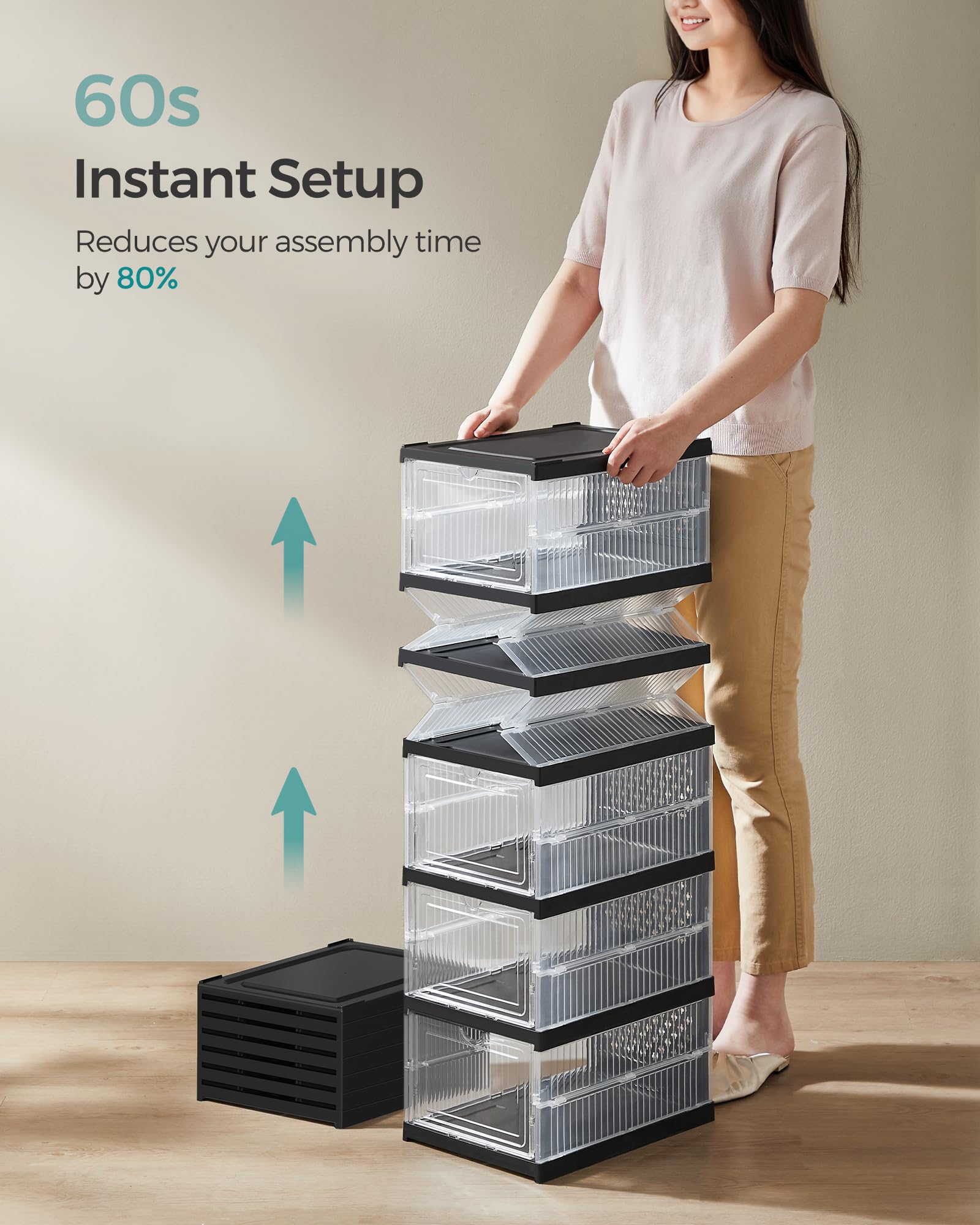 SONGMICS foldable shoe boxes side view shows space-saving storage in action.