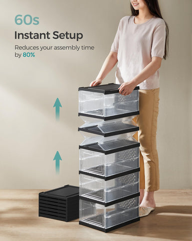 SONGMICS foldable shoe boxes side view shows space-saving storage in action.