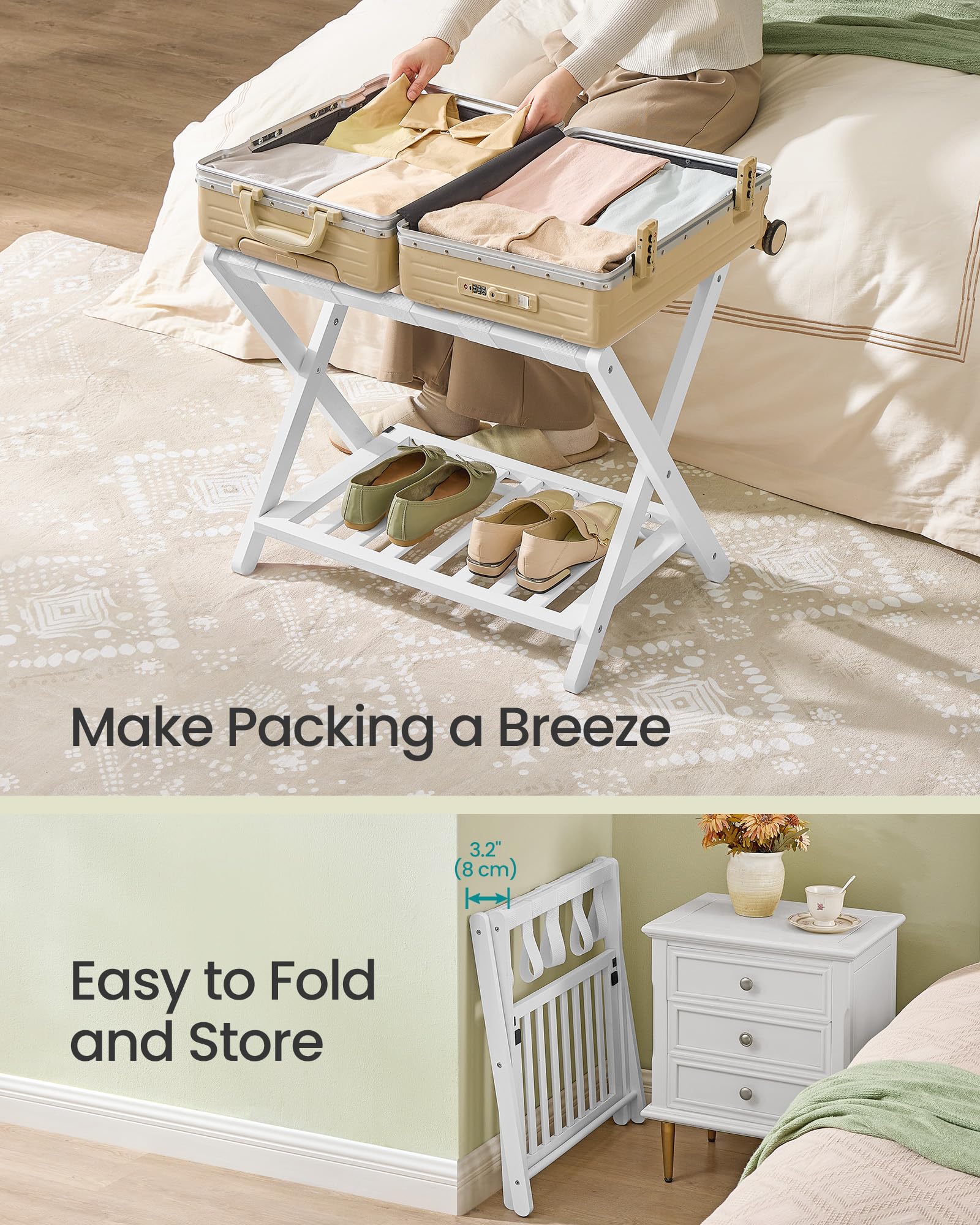 Songmics folded luggage rack fits neatly under a bed for compact storage