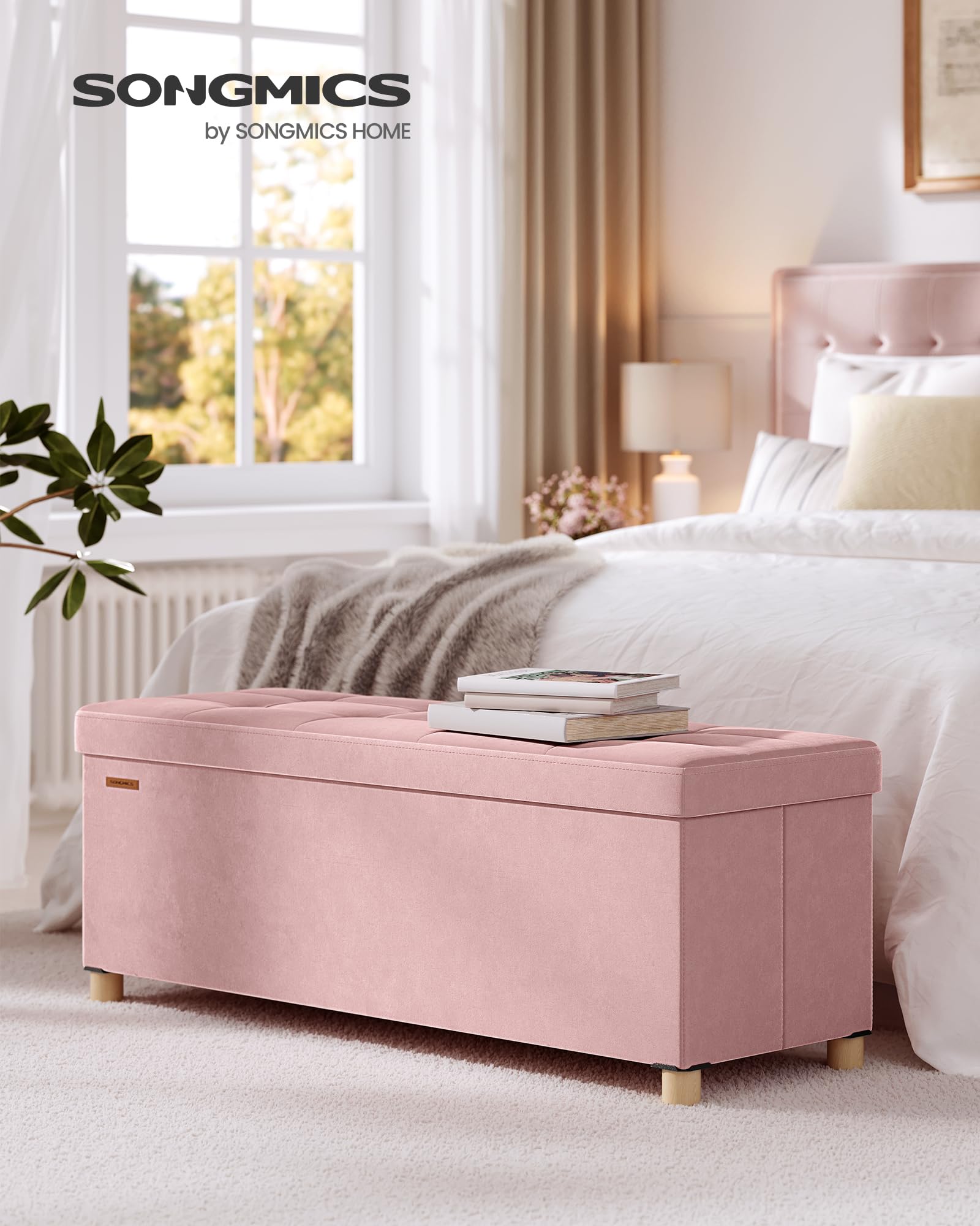 SONGMICS folding storage ottoman showing flat-fold design for space saving