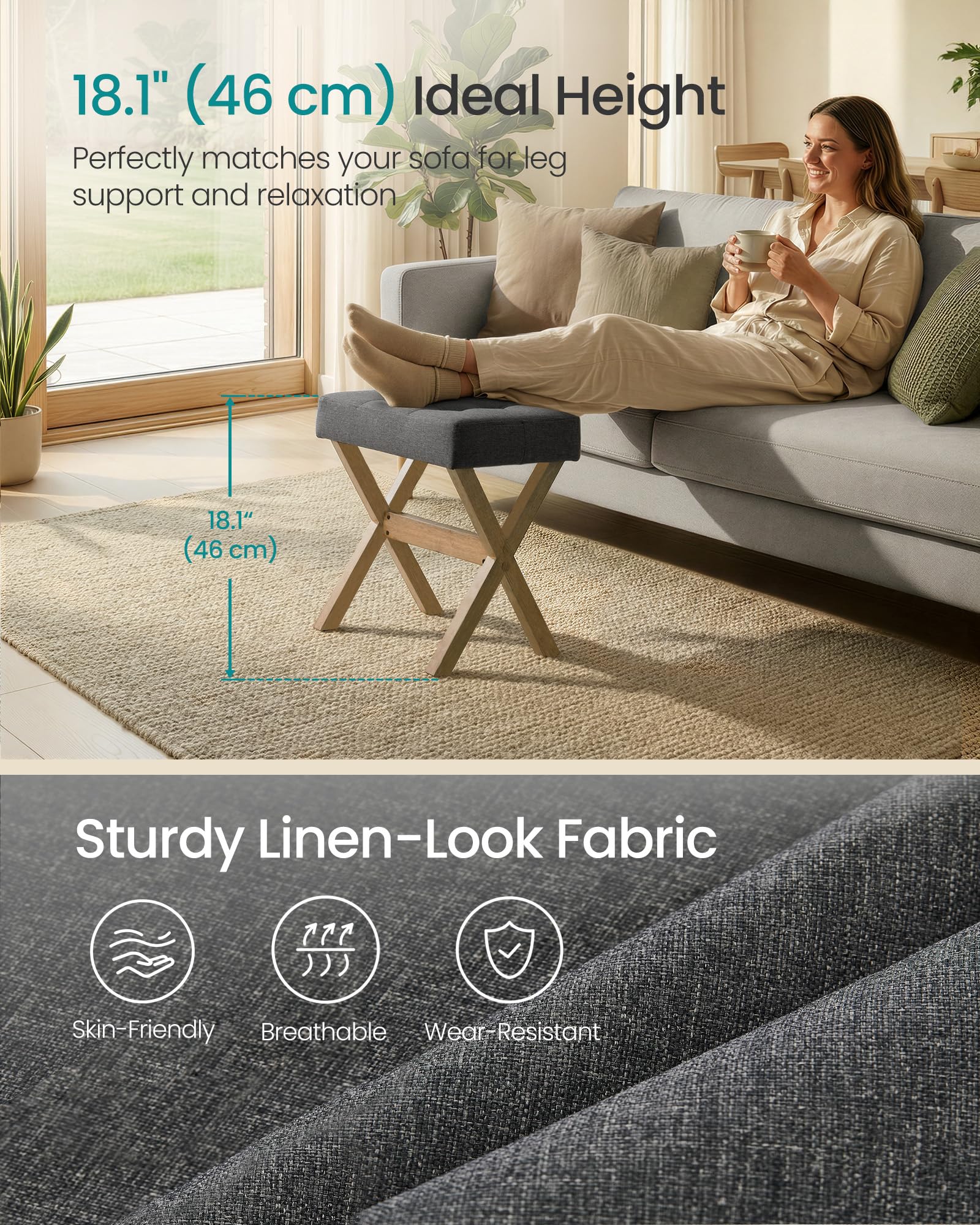 SONGMICS foot rest stool elevates legs during routines.
