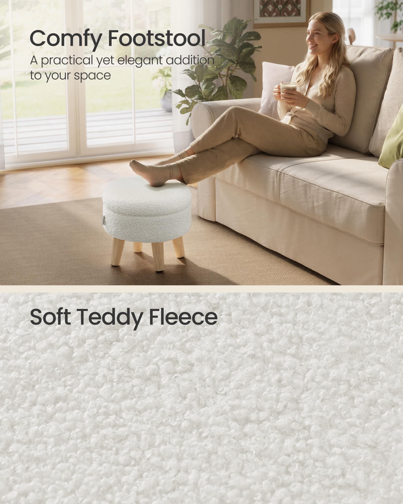 Songmics foot-rest with wood legs and teddy fleece cushions comfortable seating.
