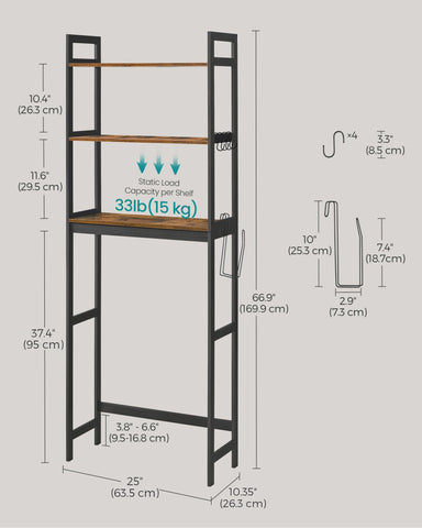 SONGMICS four hooks and toilet paper holder maximize organization in small bathrooms.