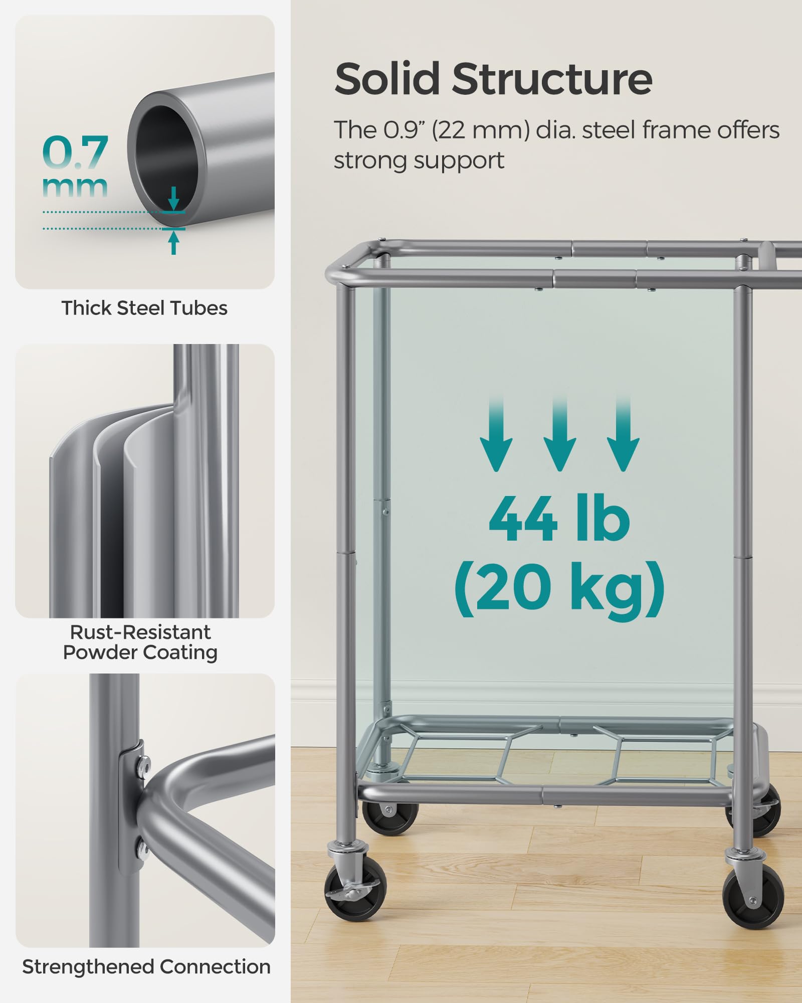 Four wheels with brakes for controlled movement and placement
