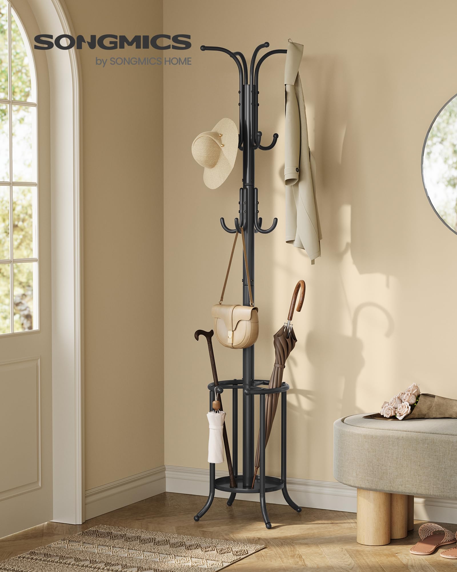 SONGMICS freestanding coat rack with 12 hooks for heavy outerwear and bags.
