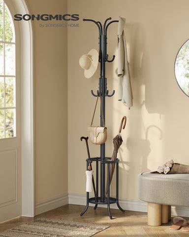 SONGMICS freestanding coat rack with 12 hooks for heavy outerwear and bags.