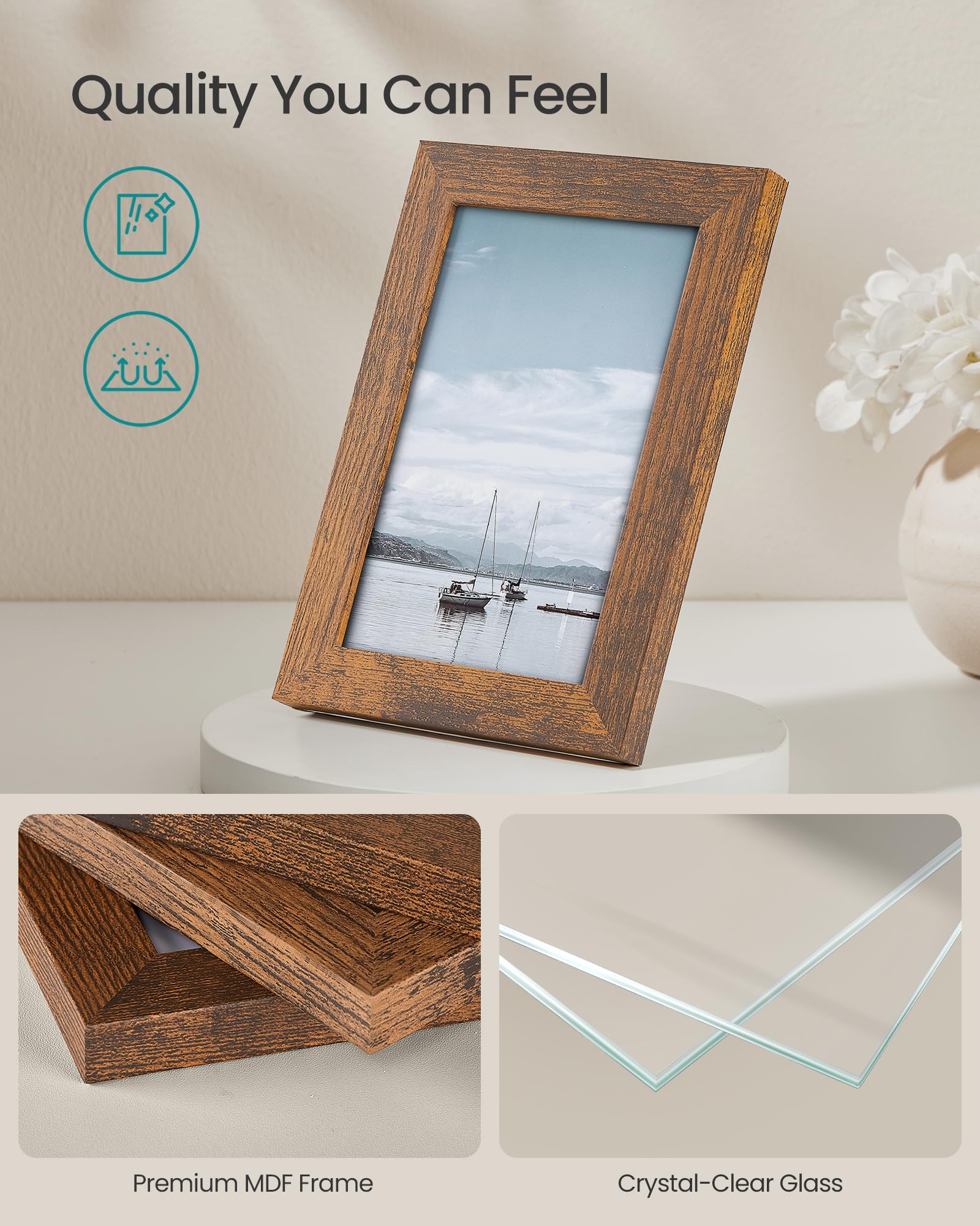 SONGMICS glass-front rustic brown frame protecting photos and catching light