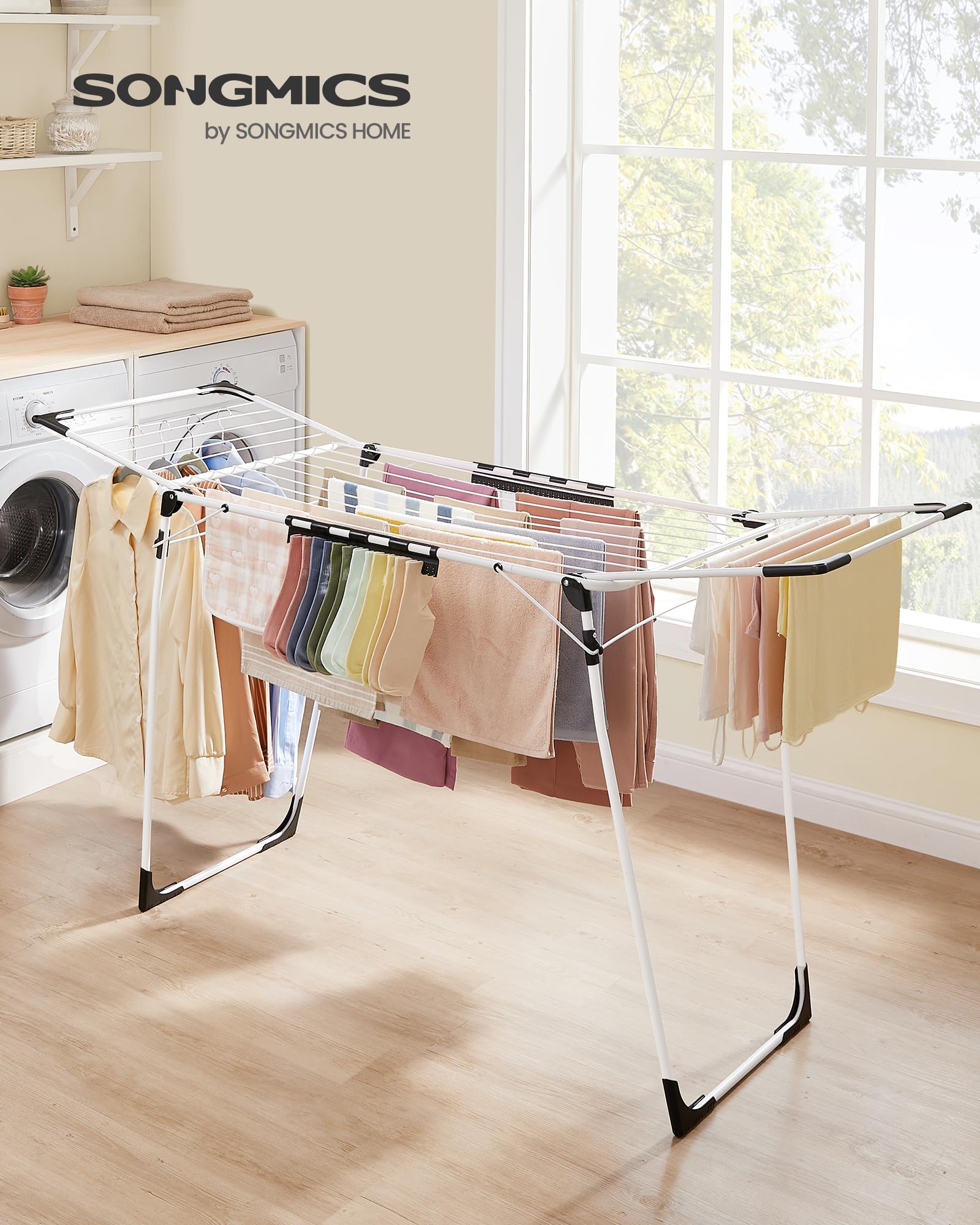 SONGMICS Gullwing rack fully extended offering ample drying space
