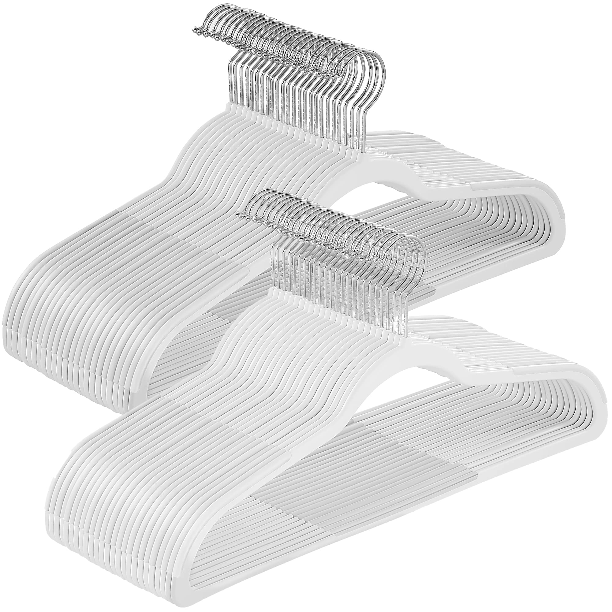 SongMics cloud white hangers on a closet rod keep outfits organized.