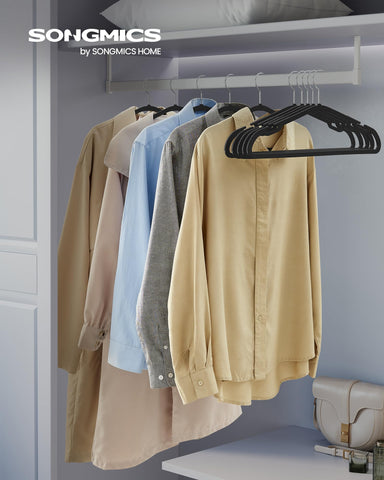SongMics hangers with wide shoulder notches secure camisoles and dresses.