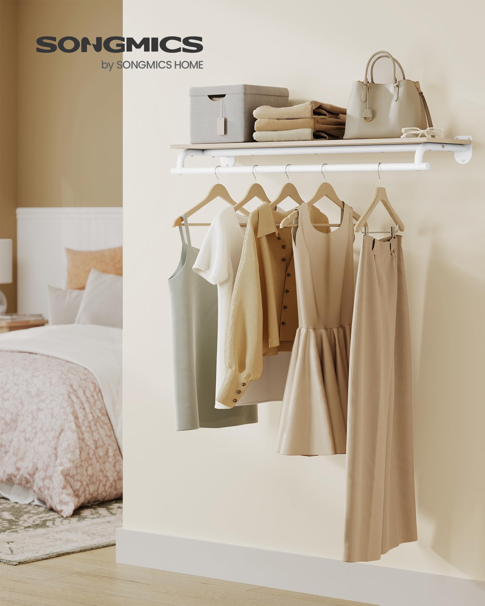 SongMics clothes rack with hanging rod supports garments securely.