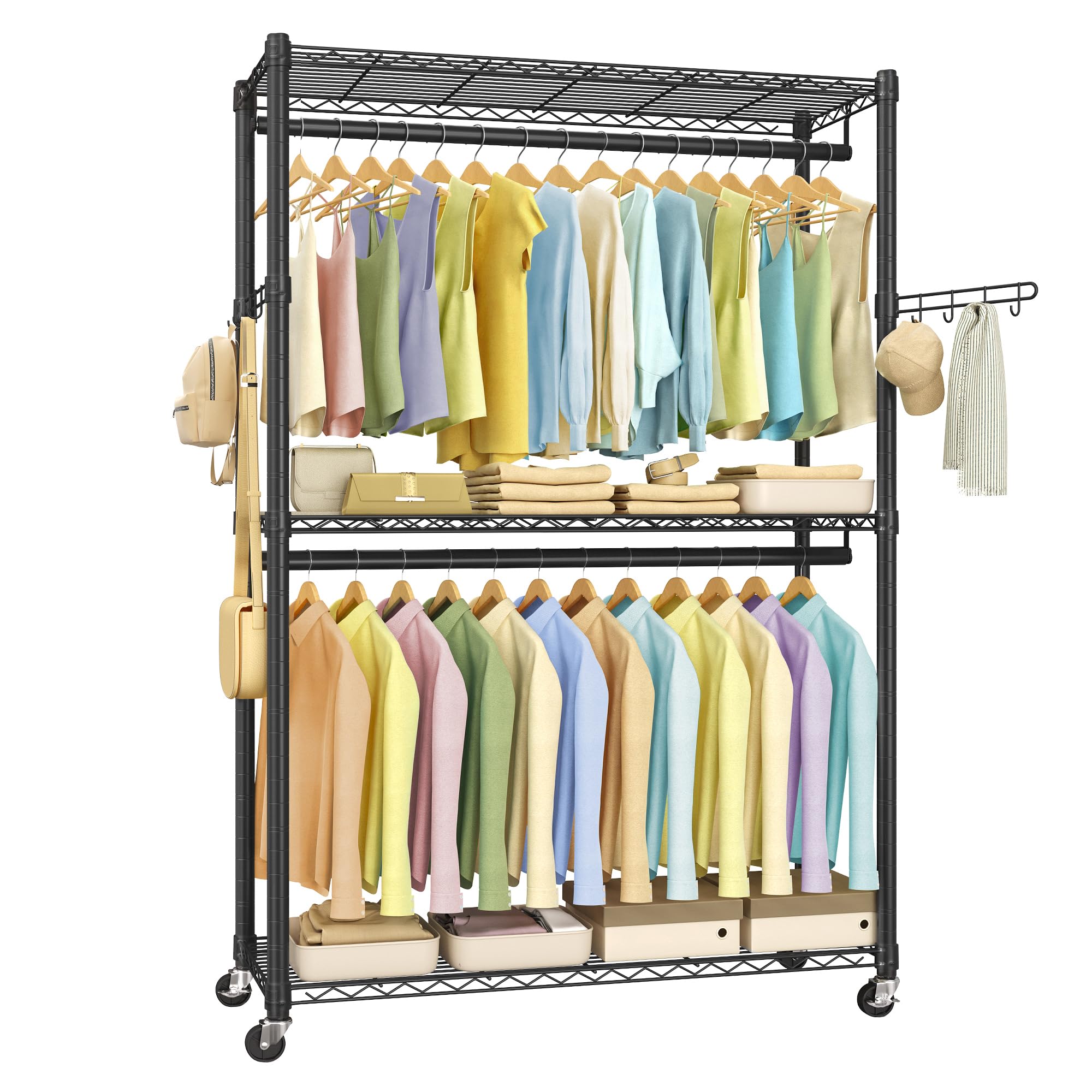 SONGMICS heavy-duty rolling clothes rack front view, spacious storage for garments