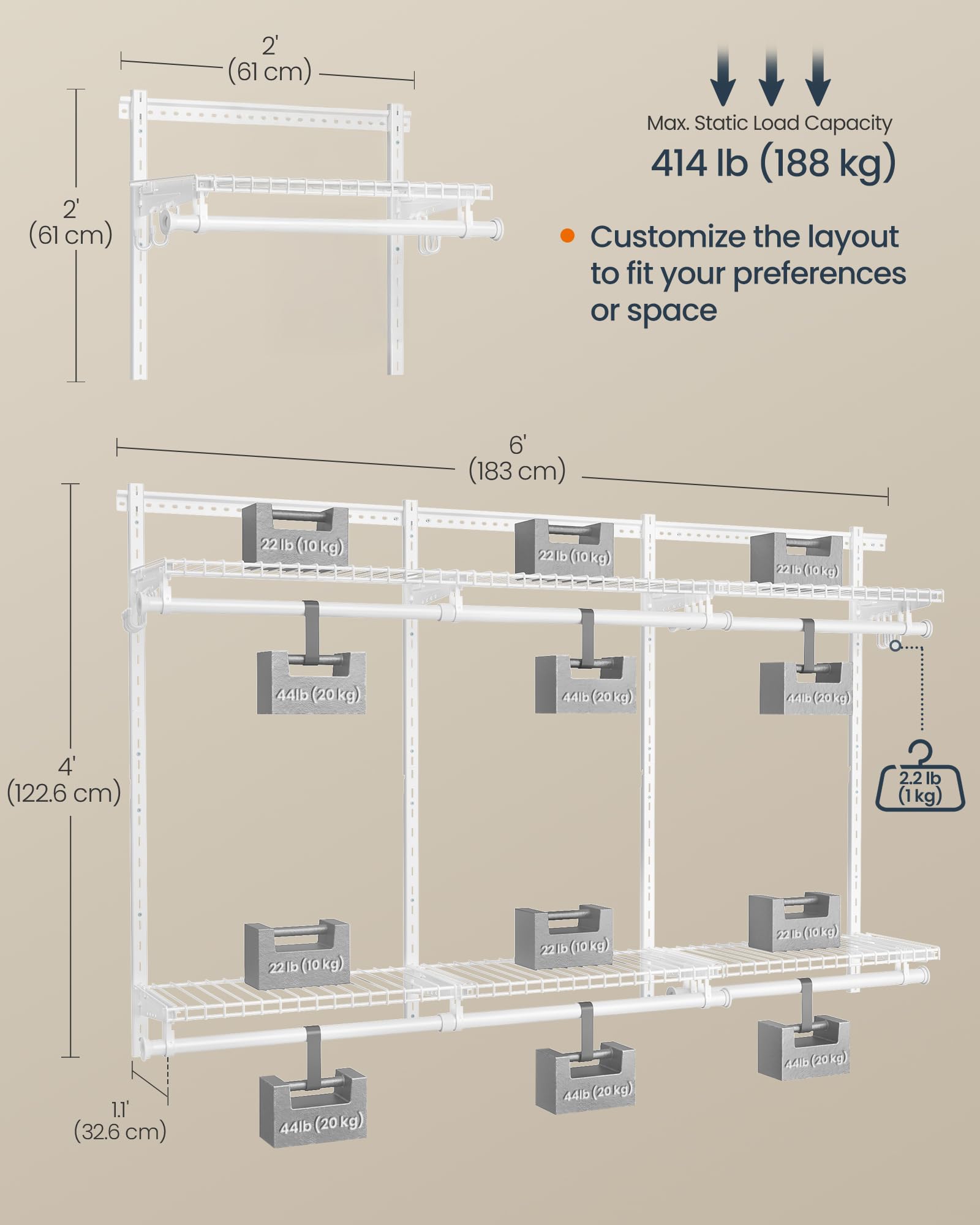 SongMics Home Closet System side hooks keep accessories within reach.