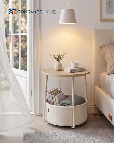 SONGMICS HOME round end table with basket blends modern style and practical two-tier storage.