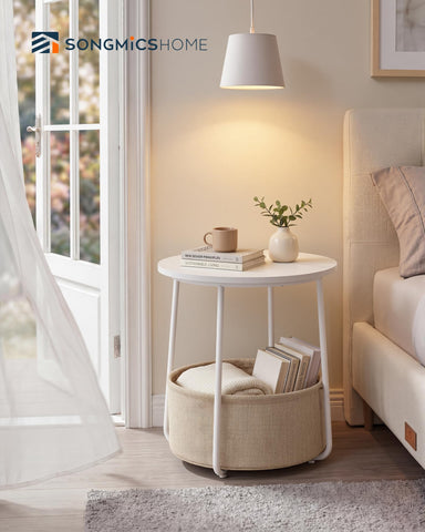 SongMics Home round end table featuring a fabric storage basket for tidy storage.